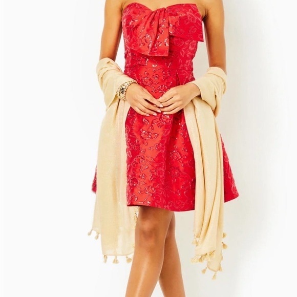 Lilly Pulitzer Kataleya strapless floral Jaquard dress in Amaryllis Red. - Picture 5 of 5